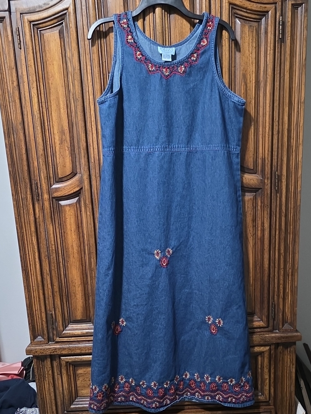 Vintage Sleeveless Embroidered Denim Maxi Dress